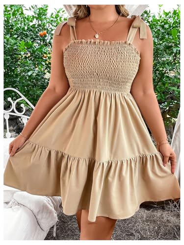 Image of Floerns Women's Plus Size Summer Knot Tie Shoulder Ruffle Straps Flounce Flowy Smocked Sundress Shorts Dress