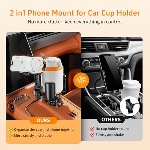Image of Phone Holders for Your Car, 2 in 1 Cup Holder Phone Mount with Expander, Secure Hold, Adjustable Base and Long Arm with 360Rotation Car Phone Holder for 4-7'' devices and Up to 5.31'' Most Bottles