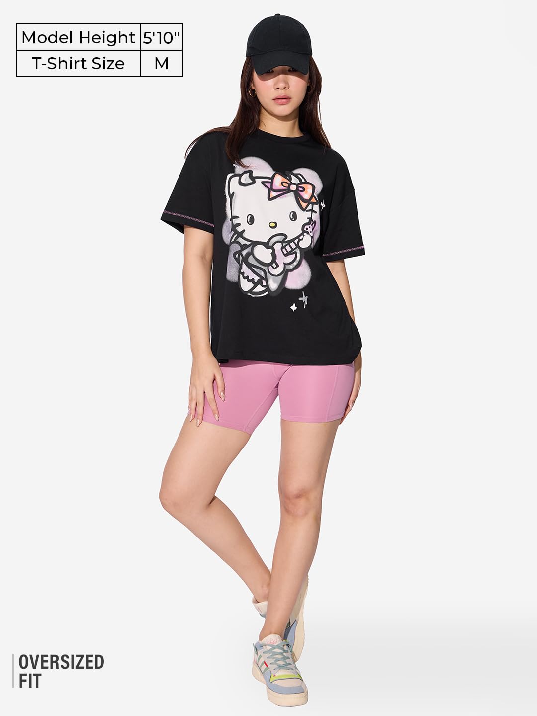 The Souled Store Camisetas oficiales de Hello Kitty Rockstar para mujer y niña, manga corta, cuello redondo, negro, gráfico, de algodón