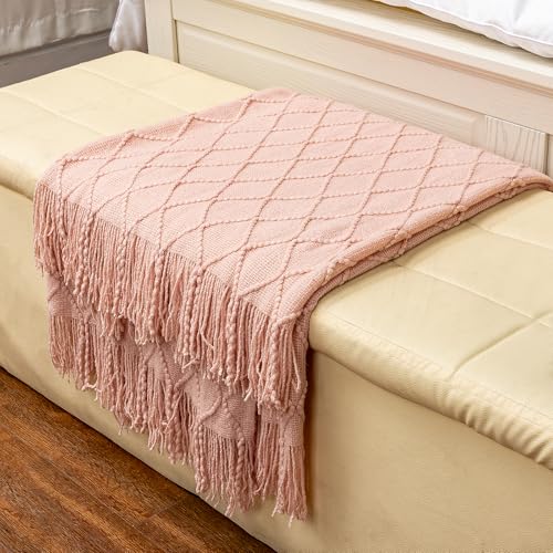Gealaek Decorative Throw Blanket for Couch Farmhouse Lightweight Soft Cozy Throw Blanket with Fringe Rustic Small Lap Blanket Throws and Blankets for Bed 50 x 60 Inch, Modern Cable Knit Pink
