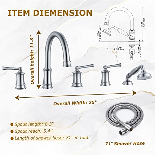 Hangoro Bathtub Faucet, 5 Pcs Deck Mount Antique Tub Faucet 2-Lever Handles, 70'' Handheld Shower, Brass Rough-In Valve, 360°Swivel Spout, High Water Flow For Bathtub, Brush Nickel(B2309-Bn) #TOP2