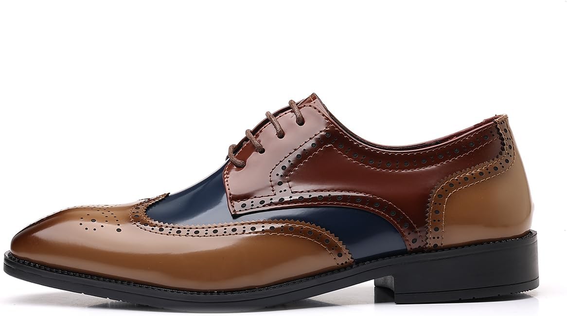 Men's Brogue Oxfords Brown Blue Color Block Patent Lace Up Dress Shoes Vintage English Style Business Wedding