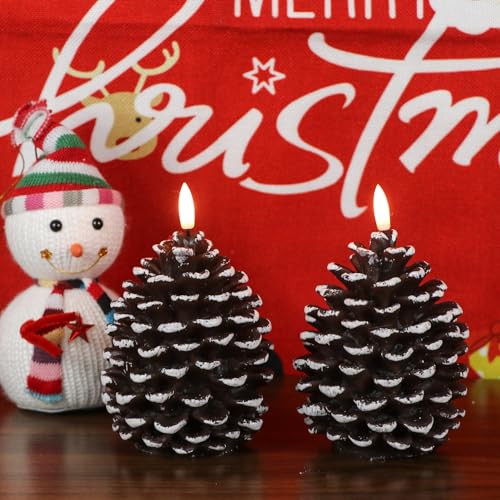 Image of Wondise Flameless Candles with Timer, Battery Operated Flickering 3D Wick Real Wax Pine Cone Candles for Christmas Indoor Decoration, Set of 2(D3.5 x H6 Inch)