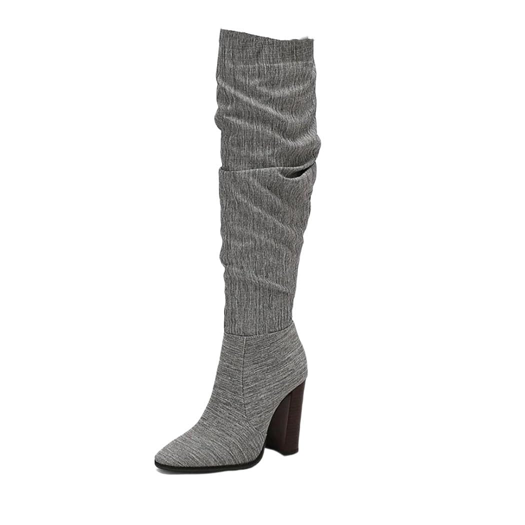 Womens Winter Casual Knee High Boots Chunky Heel Pleated Leather Party Long Boots