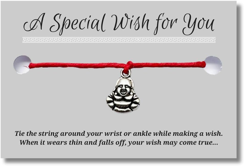 Buddha Red Wish Bracelet, Hemp with Tibetan Silver Charm on Printed Card, 12 inches long, Adjustable Unisex Design, Friendship Anklet, Gift for Women