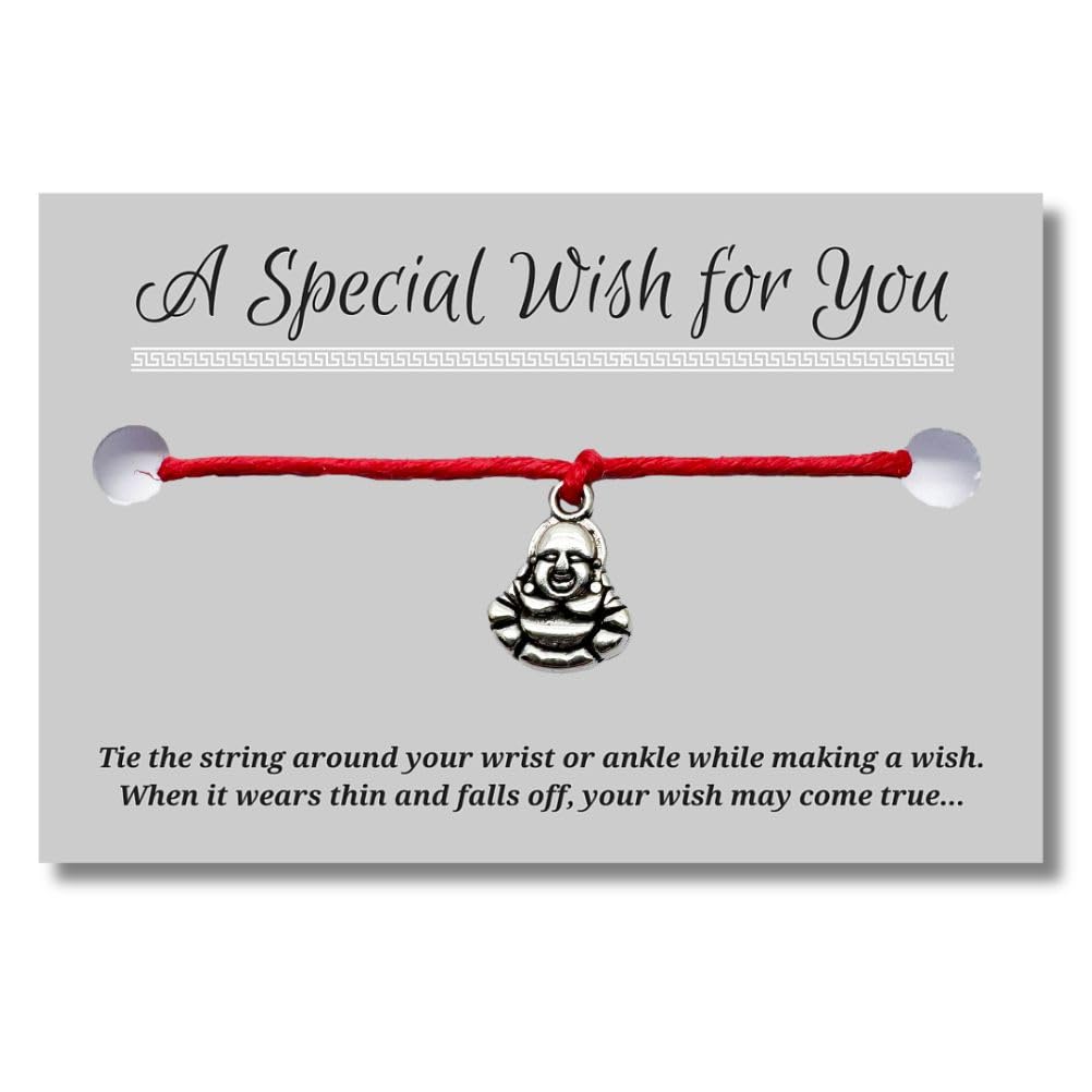 Buddha Red Wish Bracelet, Hemp with Tibetan Silver Charm on Printed Card, 12 inches long, Adjustable Unisex Design, Friendship Anklet, Gift for Women