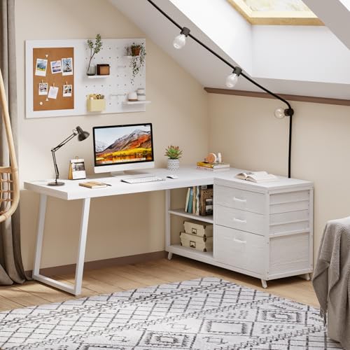 Image of Tribesigns L-Shaped Computer Desk with 3 Drawers, Reversible Corner Home Office Desk with Shelves, 53-Inch Industrial PC Desk Study Writing Table Workstation for Small Space, White