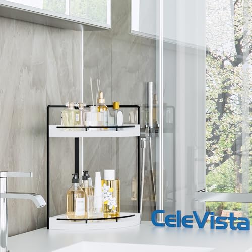 Image of Corner Bathroom Counter Organizer, 2 Tier Wood Vanity Storage, Waterproof Skincare Shelf for Kitchen & Toiletries Decor, Dresser (White-2 Tier)