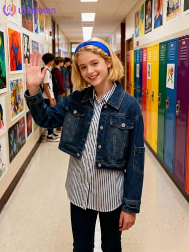 Image of WELAKEN Print Denim Jacket for Girls & Kids II Little Girl's Button Down Crop Jean Jacket Coat