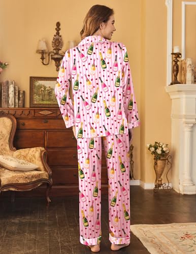 Image of Ekouaer Womens Satin Pajama Set Classic Pattern Silky Pj Sets Button Down Sleepwear Loungewear