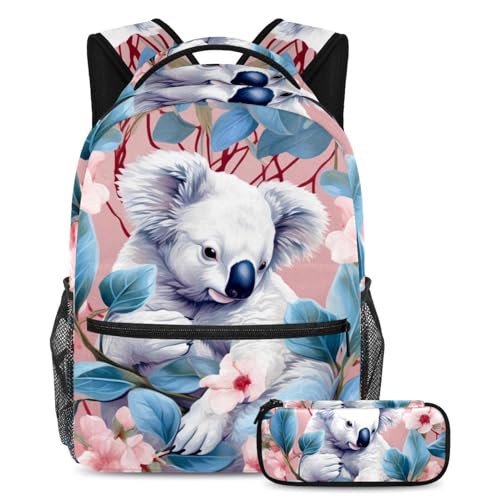 Cartable koala à fleurs roses : ensemble 2 pièces avec trousse à crayons pour l'école