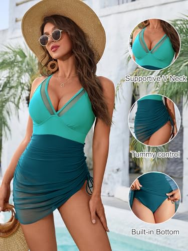 Image of Blooming Jelly Women One Piece Swim Dress Tummy Control Swimsuits Slimming Mesh Sheer Sarong Wraps Bathing Suit