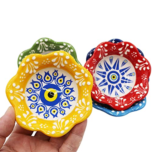 Heracraft 6Pcs Daisy Shaped Evil Eye Hand-Painted Ceramic Snack Bowls 3.74''/9.5Cm-77Ml/2.7 Oz Decorative Nazar Design Multi-Purpose Cute Set - Pinch Sauce Dipping Finger Small Serving Bowls #TOP5