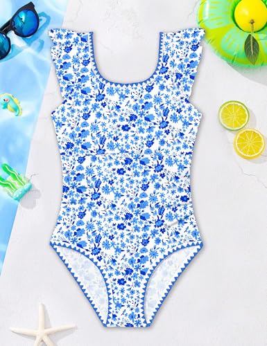 Image of Girls Swimsuit Ruffled Square Neck Color Contrast Trim One Piece Bathing Suit Geometric Girls' Swimwear 9-16Y