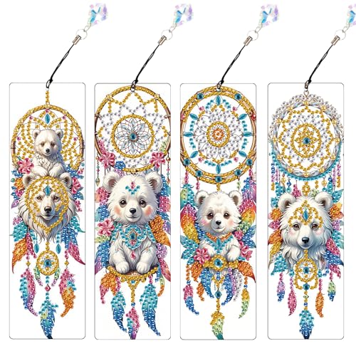 Image of 4 Pcs Diamond Painting Bookmarks, White Bear and Lion Dreamcatcher DIY Diamond Art Kits for Adults, Rhinestone Drill Crafts Bookmarks with Tassel for Graduation Birthday Gifts