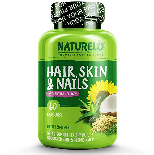 NATURELO Hair, Skin and Nails Vitamins - 5000 mcg Biotin, Natural Collagen, Organic Vitamin C - Best Supplement for Faster Hair Growth for Women - Hair Loss Treatment for Men  60 Capsules