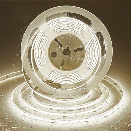 SIRYYUI COB Waterproof LED Strip Lights IP65 5M,4000K Natural White,480LEDs/M High Density 12V Dotless Tape Light,CRI90+,Self-Adhesive Strip Lights Perfectly Bathroom,Kitchens Decor (No Power Supply)