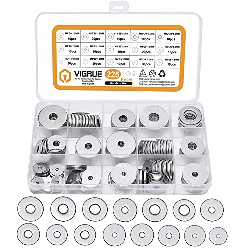 VIGRUE 225 Stück Edelstahl Flache Unterlegscheiben Set Beilagscheiben Sortiment 7 Größen M3 M4 M5 M6 M8 M10 M12