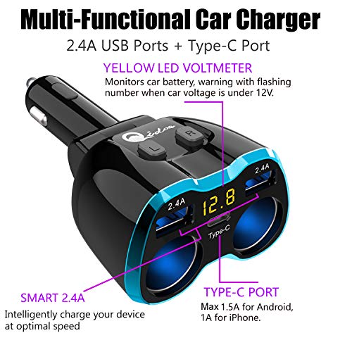 Usb C Car Charger, Cigarette Lighter Splitter Adapter 2 Socket Type C Multi Power Outlet 12V/24V 80W Dc With Led Voltmeter Switch 5.8A Dual Usb Port For Mobile Cell Phone Gps Dash Cam #TOP1
