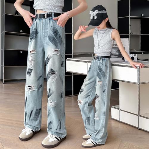 Little Girl Y2k Heart Jeans Heart Embroidery Zipper Fly Aesthetic Baggy Pants Brown Girls Dress Pants Size 14-162