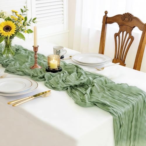 Otauoaea Chemin de Table Vert Sauge en étamine 50 x 300 cm - Gaze de Coton Rustique Table Runner pour Décoration de Mariage, Fêtes et Anniversaires - 1...