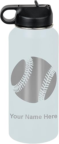 LaserGram Botella de agua personalizada, pelota de béisbol, acero inoxidable de doble pared aislada al vacío con popote superior, regalo grabado