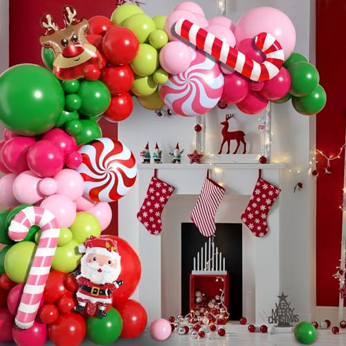 Image of Christmas Arch Kit, Red Pink Green Latex Balloon Garland for Xmas Party | Christmas Party Decorations with Red Pink Green Candy Crutch Balloon Garland for Holiday Celebrations and Seasonal Events