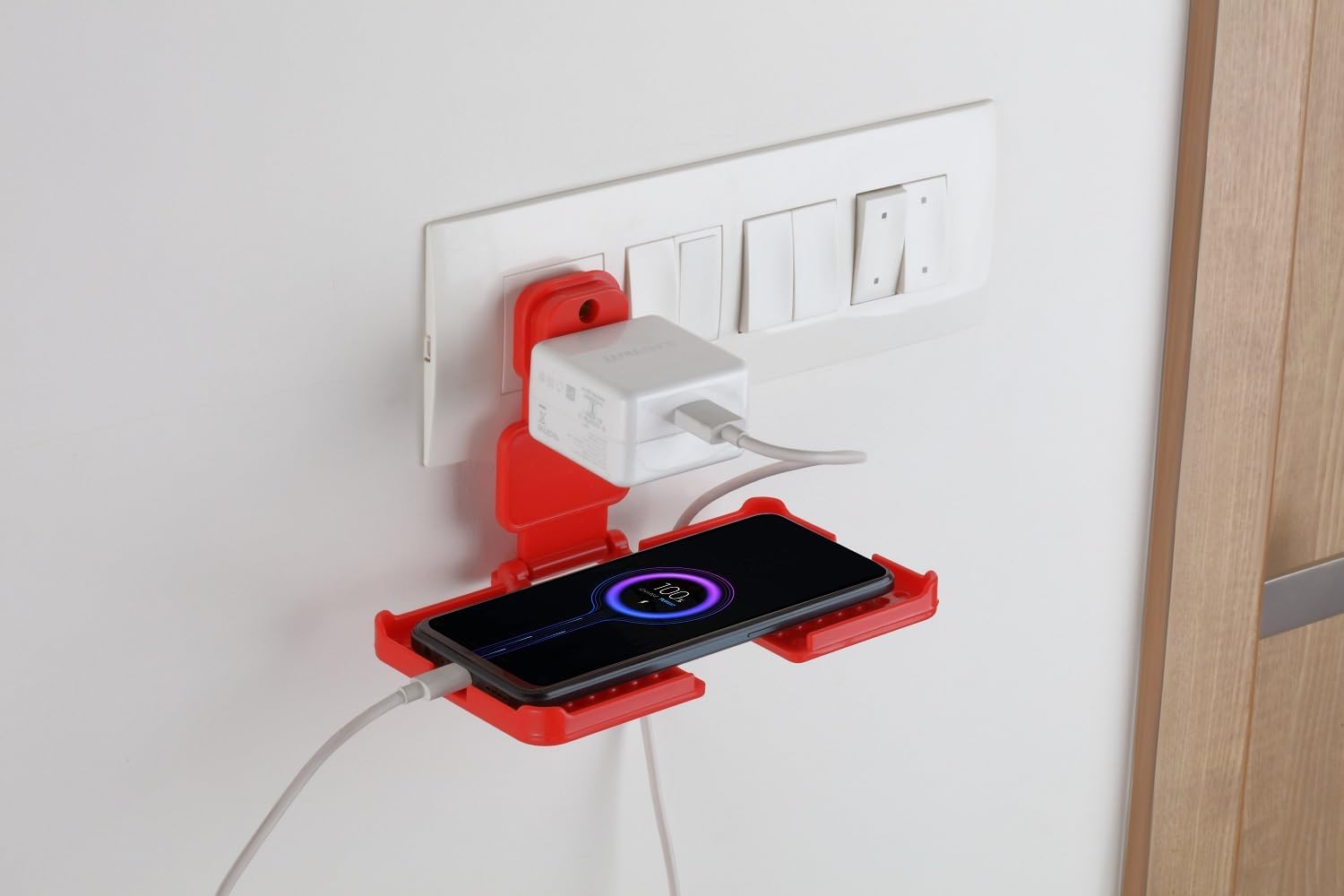 Foldable Mobile Stand, Multi-Purpose Phone Holder with 3-Pin Plug, Universal Charging Stand for Smartphones, Smartwatches, Red-image-4