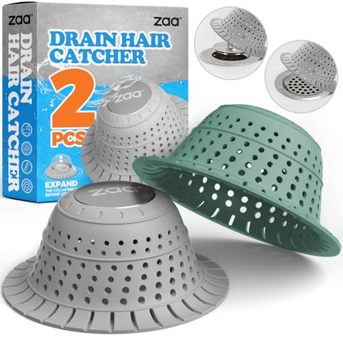 Image of zaa Bathtub Drain Hair Catcher, Premium Silicone Collapsible 2 Pack Drain Protector for Pop-Up & Regular Drains of Shower, Bathtub, Tub, Bathroom, Sink, Gray Green