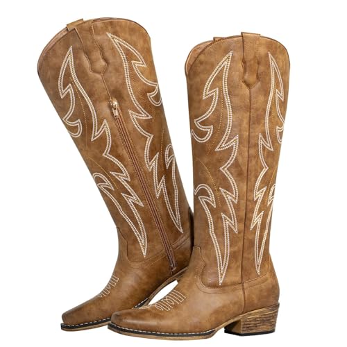 SheSole Women's Western Cowgirl Boots Knee High Embroidered Square Toe Cowboy Boots Side Zipper