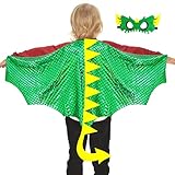 IROLEHOME Dragon-Wings Costume for Kids Mask Dinosaur Dress Up Cape for Boys Girls Halloween-Party Gifts Toys (metallic blue) (metallic green)