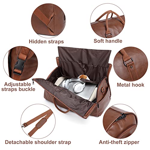 Image of Carry On Garment Backpack, Waterproof Mens Garment Bag for Travel Business, Leather Duffel Bag with Shoe Compartment -Brown