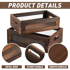 Rustic Countertop Nesting Basket with Handle Wooden Countertop Baskets Set for Countertop Fruit Veggies KitchenGift Basket Small Decorative Wood Wire Containers with Handle Set of 2
