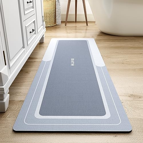 Image of MontVoo-Bath Mat Rug Runner Long Bathroom Mat Non Slip Super Absorbent Stain Resistant Quick Dry Thin Bathroom Rug Fit Under Door-Bath Mats for Bathroom Floor Bathtub Vanity-Bathmat 17 inchx50 inch Blue