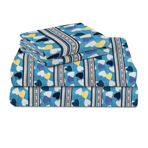 Image of BSB HOME 100% Cotton Double Bed Bedsheet Set | 144 TC Soft & Breathable | Blue & White Heart Print with 2 Pillow Covers | Wrinkle Free | for Bedroom & Gifting (90 x 90 Inches)