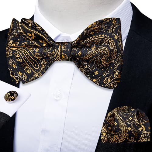 Image of DiBanGu Men Bow Tie Paisley Striped Self-Bow Tie for Men and Silk Woven Bowtie Pocket Square Cufflinks Wedding Party