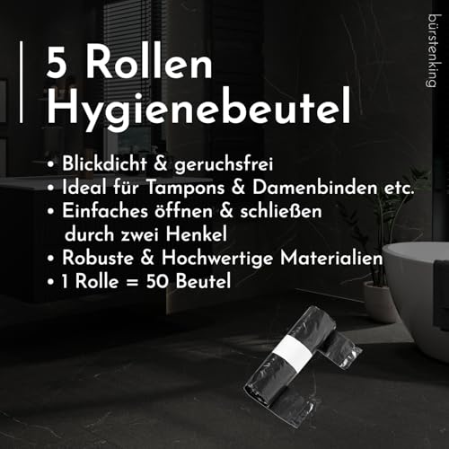 Bürstenking Hygienebeutel – blickdichte & schwarze Hygieneabfallbeutel – geruchsfreie & praktische Müllbeutel – 5 Rollen mit je 50 Beuteln – ideal für Tampons, Damenbinden und Hundekot