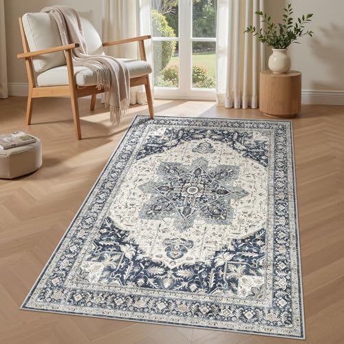 Tortania Area Rug Living Room Rugs - 3x5 Washable Rug Vintage Oriental Distressed Farmhouse Small Thin Indoor Carpet for Living Room Bedroom Under Dining Table Home Office - Indigo