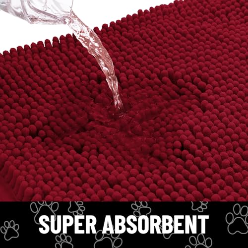 Image of Smiry Dog Door Mat for Muddy Paws, Absorbent Dirt Trapper Non Slip Quick Dry Washable Chenille Mat for Mud Dogs, Entry Rug for Indoor and Outdoor (48x30 Inches, Red and White)