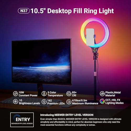 NEEWER ENTRY LEVEL VERSION N37 10.5" RGB Ring Light with Desktop Stand/Phone Holder Compatible with iPhone/Remote, 10W CRI85+ LED Lighting for TikTok YouTube Streaming Recording Laptop Zoom Video Call - image 2