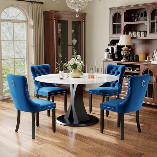 Image of 5-Piece Dining Table Set with 47In Faux Marble Table and 4 Velvet Upholstered Chairs, Modern Scandinavian Furniture for Dining Room Kitchen(Blue)