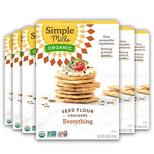 Simple Mills Organic Seed Crackers, Everything, Gluten Free, Flax Seed, Sunflower Seeds, Corn Free, Low-Calorie Snacks, Plant Based, Nutrient Dense, 4.25oz, 6 Count