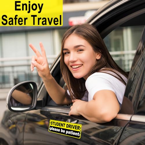 Image of Student Driver Magnet for Car, New Driver Magnetic Vehicle Sign, Reflective Safety Warning Sticker Magnet Sign for Girl, 9.8 inch x 3.5 inch (Yellow-Black- 2 Pack)
