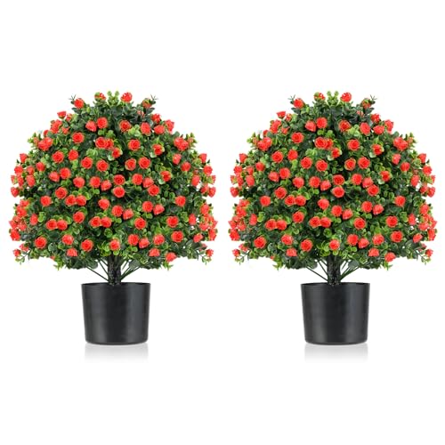COSTWAY Set of 1/2 Artificial Boxwood Topiary Ball Tree, Faux Shrub Bushes with Flowers and Plastic Nursery Pot, Fake Decorative Greenery Plants for Indoor Outdoor (2, Red Rose)