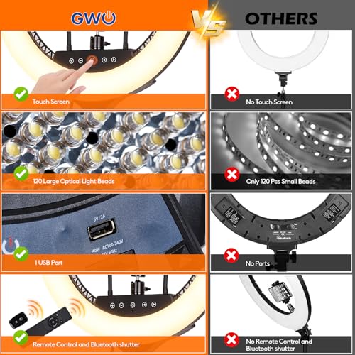 Image of GWO 18 inch LED Ring Light with Tripod Stand 6000K Dimmable Makeup Selfie Light with Touch Panel Phone Holders for YouTube Vlog Video Shooting Include Carrying Bag and Remote Control CRI>90