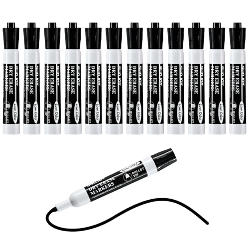SUQJOY Whiteboard Pens Dry Wipe Whiteboard Markers Bullet Tip Low Odour Wipe Clean Roll-Resistant Cap Black Pack of 12
