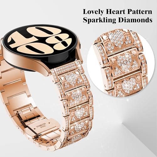 BAIHUIAM 20mm Band Compatible with Galaxy Watch 6/5/4 Band 44mm 40mm Women Bling Diamond Stainless Steel Band for Galaxy Watch 6 Classic 47mm 43mm/4 Classic/Watch 5 Pro/Watch 3 41mm, Rose Gold