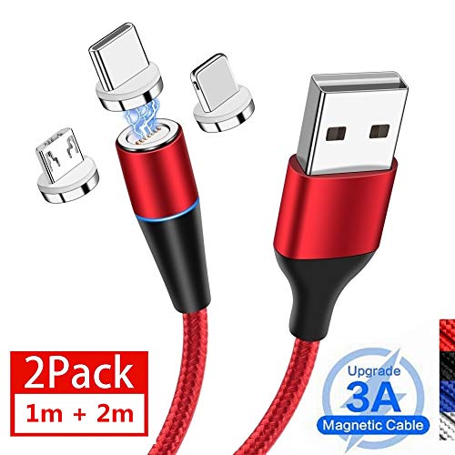 UGI Câble de Charge magnétique Chargeur Rapide 3 en 1 Câble 3A Charge Rapide et synchronisation de données Cordon tressé en Nylon (1m+2m,2 pièces) pour Micro USB,Type C/USB C,iOS,Smartphone Tablette
