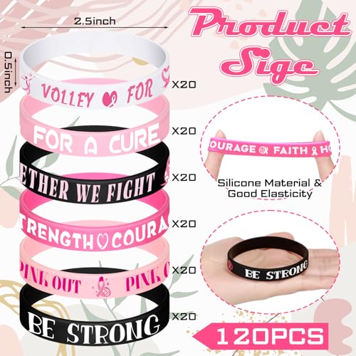 120pcs Volleyball Breast Cancer Awareness Bracelets Pink Ribbons Silicone Bracelets Hope Faith Strength Courage Wristbands Accessories Breast Cancer Awareness Gifts for Women4