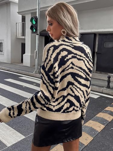 Women’s Mock Neck Sweater,Zebra Print Top,Knit Pullover Sweater Long Sleeve for Women Trendy 20254